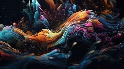 Dynamic 3D abstract background: swirling liquids, splashes, cell shading, vibrant colors, bold outlines, soft lighting, limited animation, 8K resolution, depth of field effect.