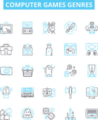 Computer games genres vector line icons set. Simulation, Shooter, Adventure, Puzzle, Strategy, Platformer, Racing illustration outline concept symbols and signs