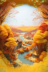 nature autumn illustration, paper kirigami craft