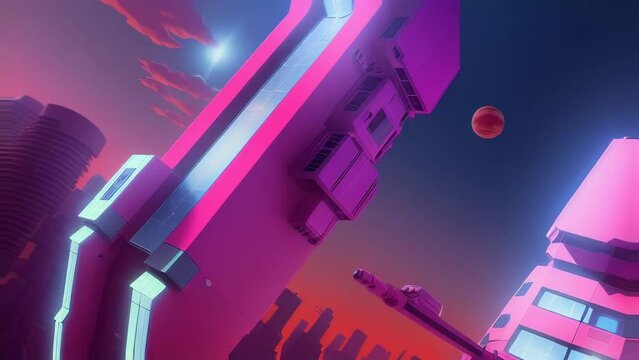 Retro Future Pink Science Fiction City with Futuristic Buildings, Skyscrapers, And Spaceports. [Historic / Fantasy / Science Fiction Animation Clip]