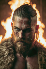 Illustration of handsome strong and muscular Viking warrior. Historical Viking culture concept. Generative AI