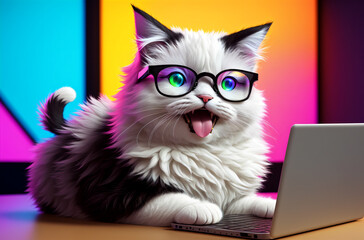 Smart cat in glasses with open mouth sitting at laptop. Generative AI.