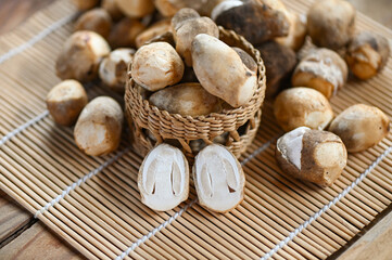 straw mushrooms on basket, fresh mushrooms slice for cooking food