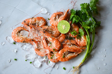 cooking shrimp food on white plate background dining table food, Fresh shrimps prawns seafood lemon lime with herbs and spice