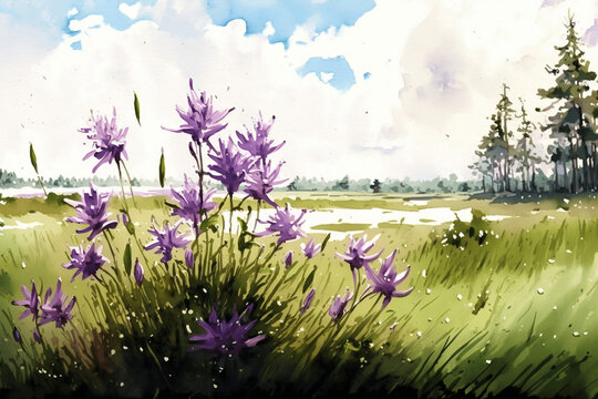 Wild purple lilies watercolor. Generative AI.
