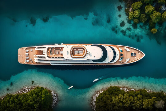 Luxury Yacht boat in the Caribbean sea. Aerial Top Down View Photo. Illustration Generativ AI