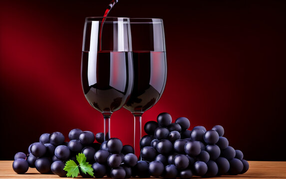 Glass with red wine with grapes. Generative AI.