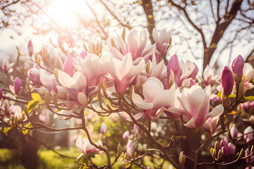 Magnolia tree with pink blossom flowers. Close branch with flowers. High quality illustration