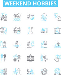 Weekend hobbies vector line icons set. Gardening, Hiking, Fishing, Swimming, Reading, Cooking, Crafting illustration outline concept symbols and signs