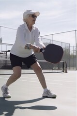 Older woman playing pickleball (generative ai)