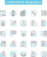 Corporate research vector line icons set. Corporate, research, analysis, business, market, strategy, data illustration outline concept symbols and signs