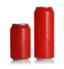 Aluminum cans with drinks on white background