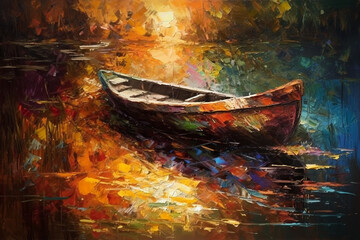 Abstract art - painting of a boat done with warm colors