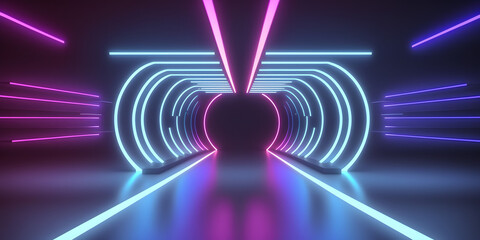 3D abstract futuristic neon blue pink line background. Cyber Space Tunnel Stage. Blue Violett Color. Generativ AI 