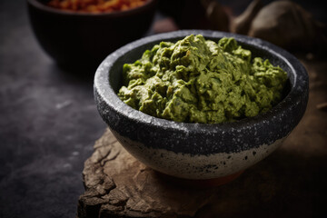 close up of guacamole in a bowl on a table - made with generative ai