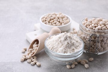 Fototapeta na wymiar Bean flour and seeds on light grey table