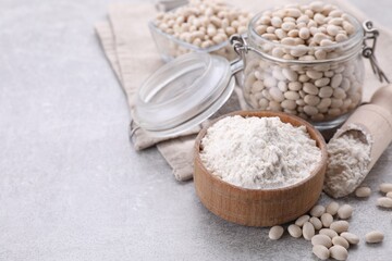 Bean flour and seeds on light grey table. Space for text
