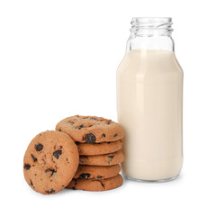 Delicious chocolate chip cookies and milk isolated on white