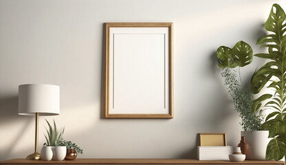 Blank wooden picture frame mockup on wall in modern interior, mock up for artwork, Generative Ai