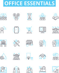 Office essentials vector line icons set. Desk, Chair, Pens, Printer, Paper, Computer, Mouse illustration outline concept symbols and signs