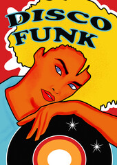 Pop Art Jeune femme qui tient un disque de musique disco funk - 585591230