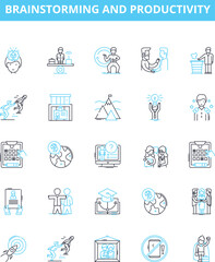 Brainstorming and productivity vector line icons set. Brainstorming, Productivity, Planning, Creativity, Ideas, Thinking, Solutions illustration outline concept symbols and signs