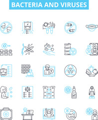 Bacteria and viruses vector line icons set. Bacteria, Viruses, Microbes, Pathogens, Antibiotic, Antimicrobial, Antiviral illustration outline concept symbols and signs