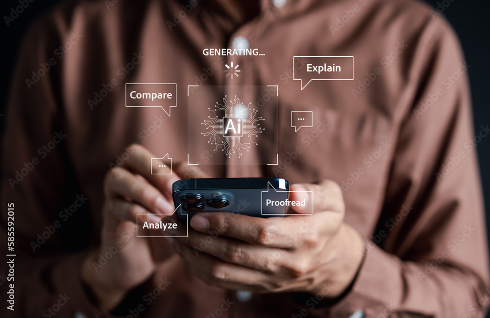 Leinwandbilder Businessman using chat bot intelligence Ai. Chat with AI Artificial Intelligence, developed by OpenAI generate. Futuristic technology, robot in online system.