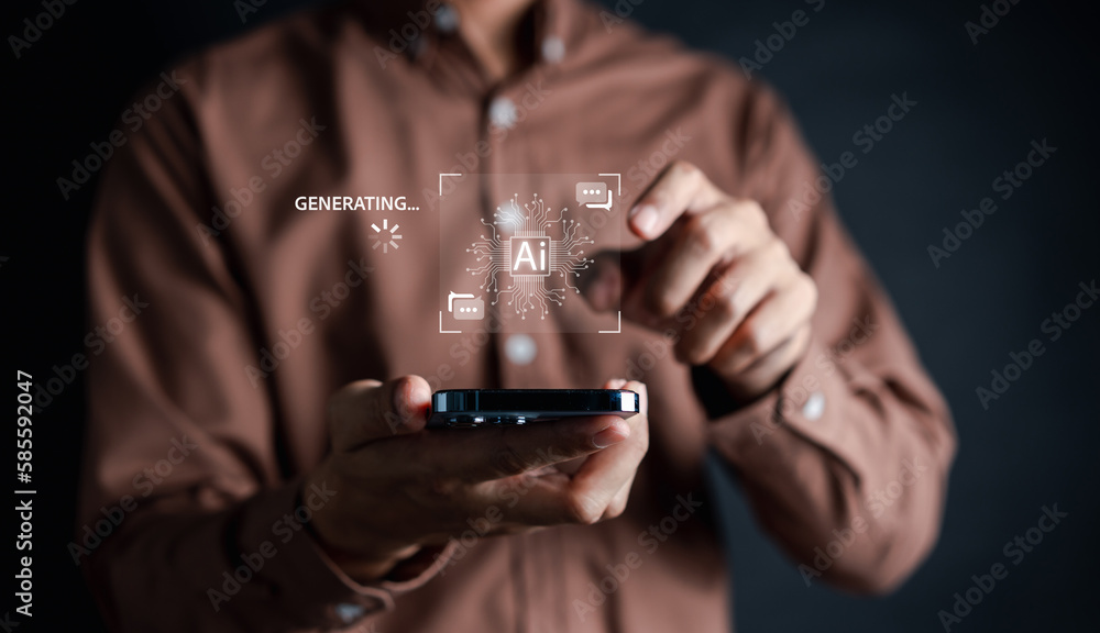 Aufkleber Businessman using chat bot intelligence Ai. Chat with AI Artificial Intelligence, developed by OpenAI generate. Futuristic technology, robot in online system.