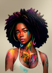 afro american in free street style with colored hair and braids. digital painting.