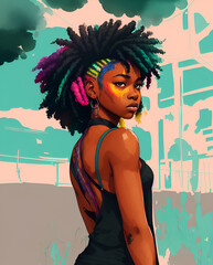 afro american in free street style with colored hair and braids. digital painting.