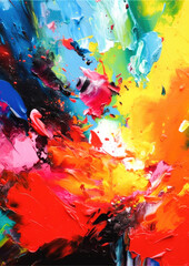 Abstract painting splashes of paint in synchronised colorful grouping, on canvas. Generative ai. Very colourful and vibrant realistic paint splashes
