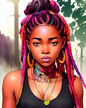 afro american in free street style with colored hair and braids. digital painting.