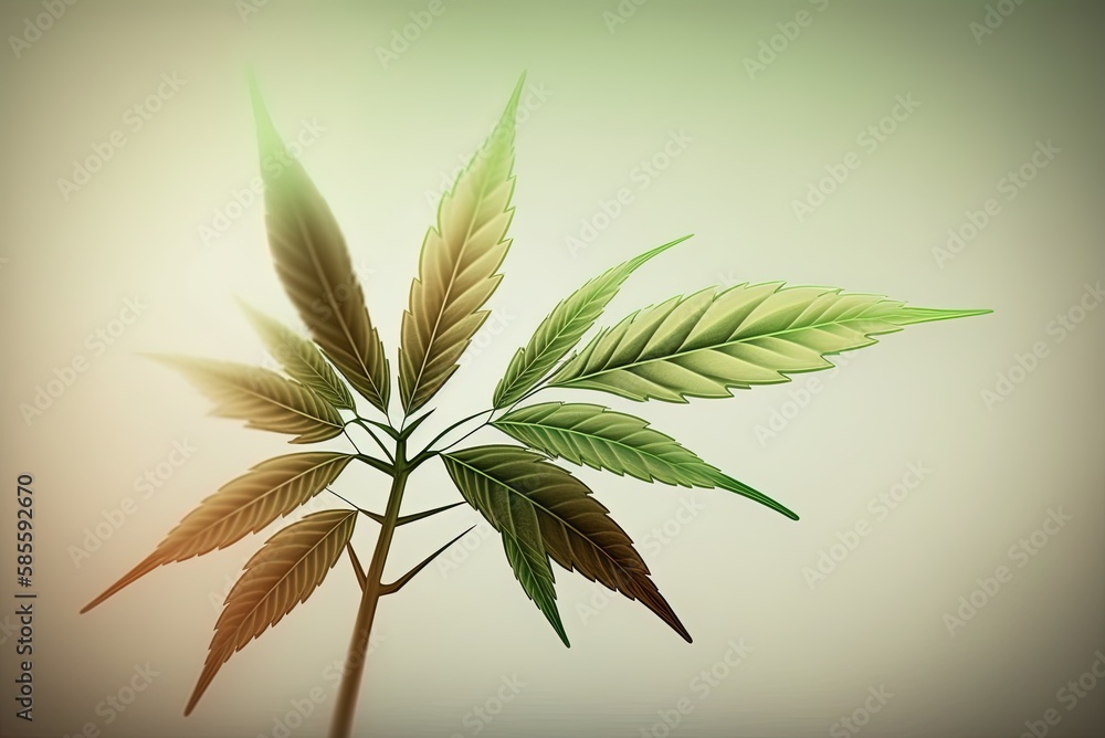 Poster macro photograph of a single hemp leaf on a tree branch generative ai