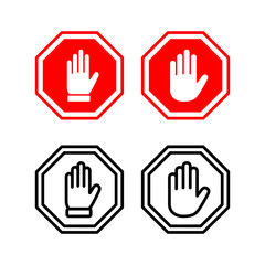 Stop icon vector illustration. stop road sign. hand stop sign and symbol. Do not enter stop red sign with hand