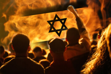 Protests Israel Tel Aviv. Israel flag. Protest in Israel 2023. Rise hand. Defense minister. Fire,...