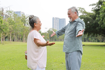 Happy asian senior man and woman walking and eyes contact while raising hands with picnic basket in garden outdoor. Lover couple going to picnic at the park. Happiness marriage lifestyle concept.