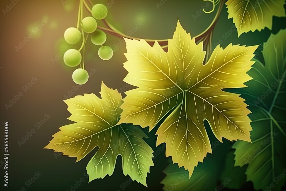 Poster image of young, green grape leaves isolated against a hazy backdrop. generative ai