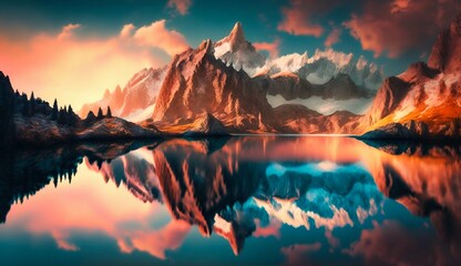 Fototapeta na wymiar Serene mountain landscape background in sunrise. Generative AI