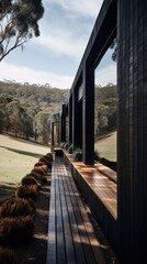 Black wooden house in the middle of the forest with rocks and vegetation Generative AI