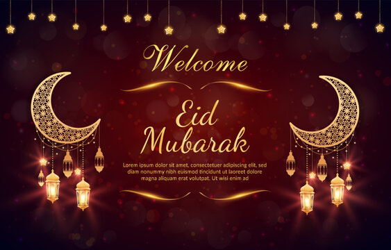welcome eid mubarak banner with quote and beautiful shiny islamic ornament and abstract gradient dark red background design