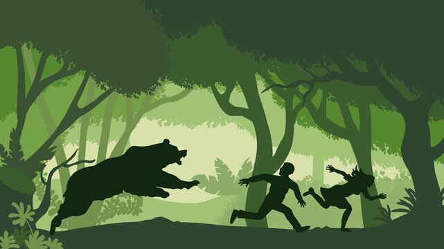 Bear chasing people in the deep forest 