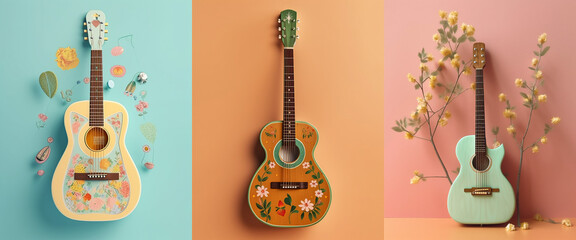 Naklejka premium Beautiful guitar with painted flowers on a colorful background. Isolated composition. Retro style photo