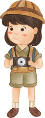 Girl scout with hiking suit hold camera . Realistic watercolor painting .
