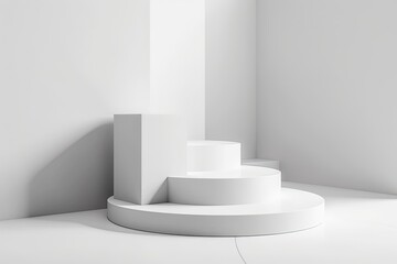 Minimalistic White Room with a Pedestal and Wall. Generative AI