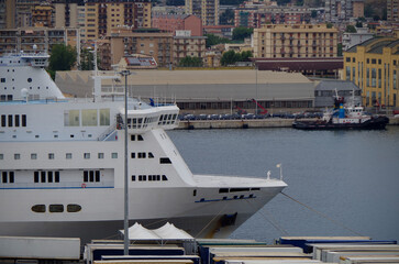 Naklejka premium Large modern Passenger pax cargo roro ro-ro ferry cruiseship cruise ship liner with port