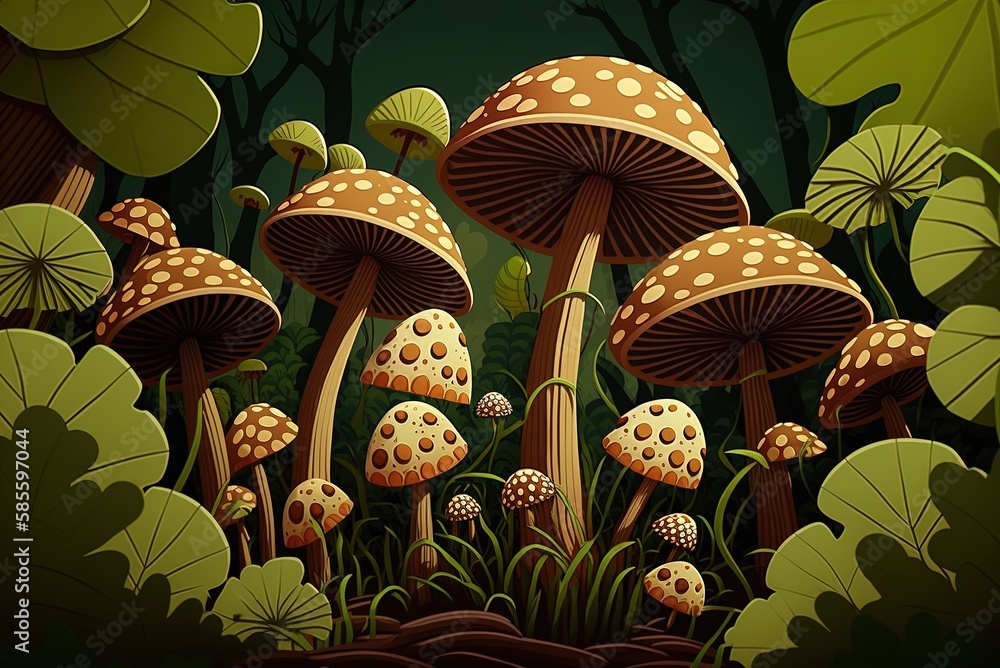 Poster macro image of tiny mushrooms within a chestnut tree grove generative ai