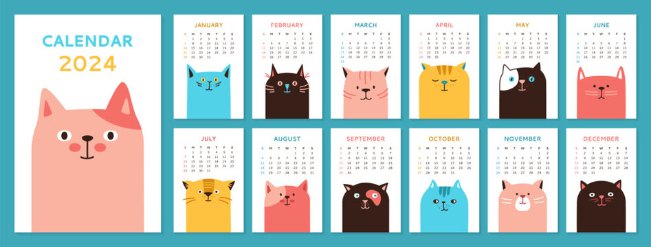 Calendar 2023 with cartoon Cats template page and cover set. Monthly calendar typography cute kitty pets collection. Funny drawn kawaii cats animal different emotions. Trendy event planner vector