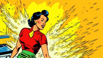 a housewife in the kitchen with fire in the background. Vintage Pop art style.