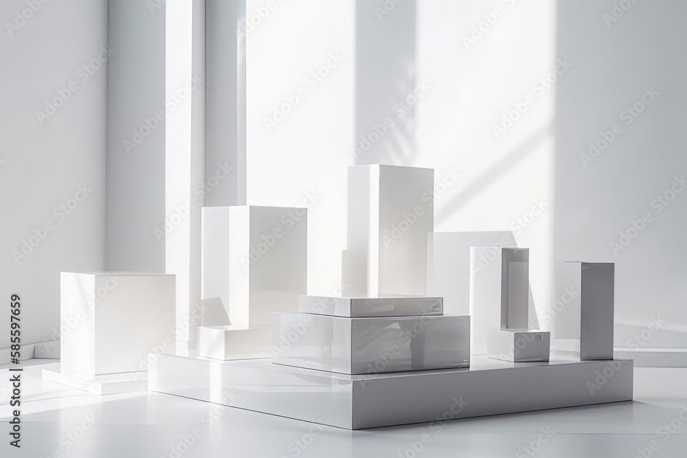 Poster white blocks arranged on a white floor. generative ai